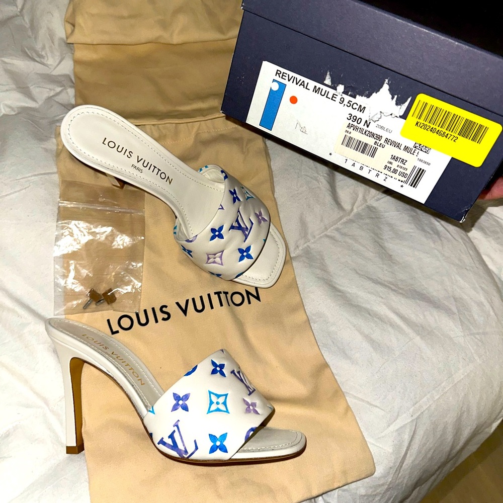 Louis Vuitton White and Blue Monogram Mules